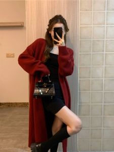 New Year Red Sweater Cardigan Coat Womens Long below the Knee Idle Style Loose Woolen Soft Glutinous Fall and Winter Fancy Overcoat
