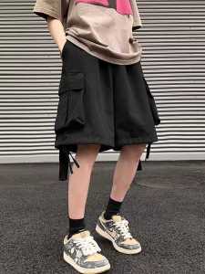 Summer Mens Workwear Pants Five-Quarter Sporty Utility Style with Multiple Pockets And Sash Design Street Fashion Loose Fit