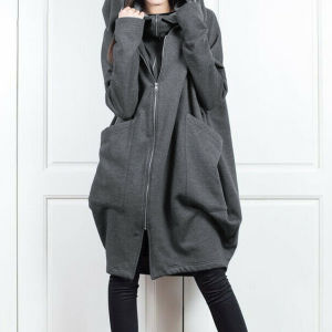 Hooded Loose Medium-Length Cardigan Coat Open-Shirt Style Long Sleeve Zipper Closure Street Style Neutral Color Pure Color