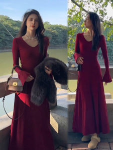Christmas Robe Ankara Red Cotton Fleece V-neck Hepburn Style Flared Dress Autumn Winter Slimming Long Dress