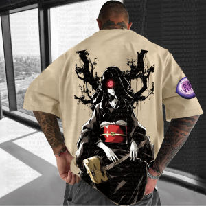Oversized Khaki Cotton T-Shirt Anime Back Print Black Robe Character Red Eyes Tree Branch Pattern Sleeve Logo Casual Streetwear