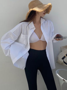 เสื้อเชิ้ตแขนยาวคอโปโลสีขาวสไตล์ผู้ชายสำหรับผู้หญิง ทรงหลวม ผ้าฝ้ายแท้ ทรงหลวม สไตล์ลำลอง เสื้อเชิ้ตแขนยาวแบบสวมหัว