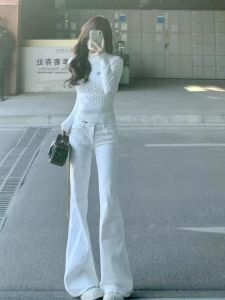 Quần Jeans Denim Ống Loe Màu Trắng Thường Ngày Cho Nữ Cạp Thấp Ôm Dáng Quần Dài Đến Sàn Cạp Cao 175 Cm Quần Jeans Denim