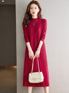 Autumn Red Wool Dress Womens 2025 New Midlife Mom Long Sleeve Sweater Dress Autumn Winter Knitted Base Skirt Single Piece Spring Season Other 100% Material