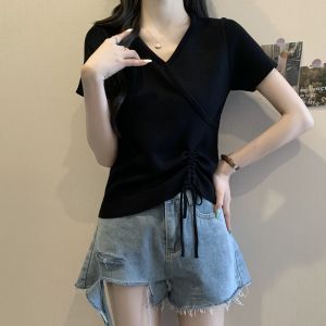 เสื้อยืดคอกว้างแขนสั้นทรงหลวมสำหรับผู้หญิงไซส์ใหญ่ในฤดูร้อน ทรงเข้ารูป ปกติ ทรงเข้ารูป คอวี ทรงเข้ารูป ปกติ