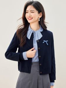 เสื้อคาร์ดิแกนถักคอตั้งสีน้ำเงินเข้มสำหรับผู้หญิง ฤดูใบไม้ผลิและฤดูใบไม้ร่วง เสื้อคลุมกันหนาวแบบสวมหัว แขนยาว ปกติ ปกติ