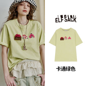 Spring White Print Short Sleeve T-Shirt Womens Shoulder Design Sense Inner Wear Elf Sack Brand round Neck Loose Fit Regular Length