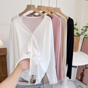 Womens Long Sleeve Ice Silk Sun Protection Open Cardigan Loose Outerwear Shoulder Pad Thin Outer Shirt Summer Air Conditioner Clothes