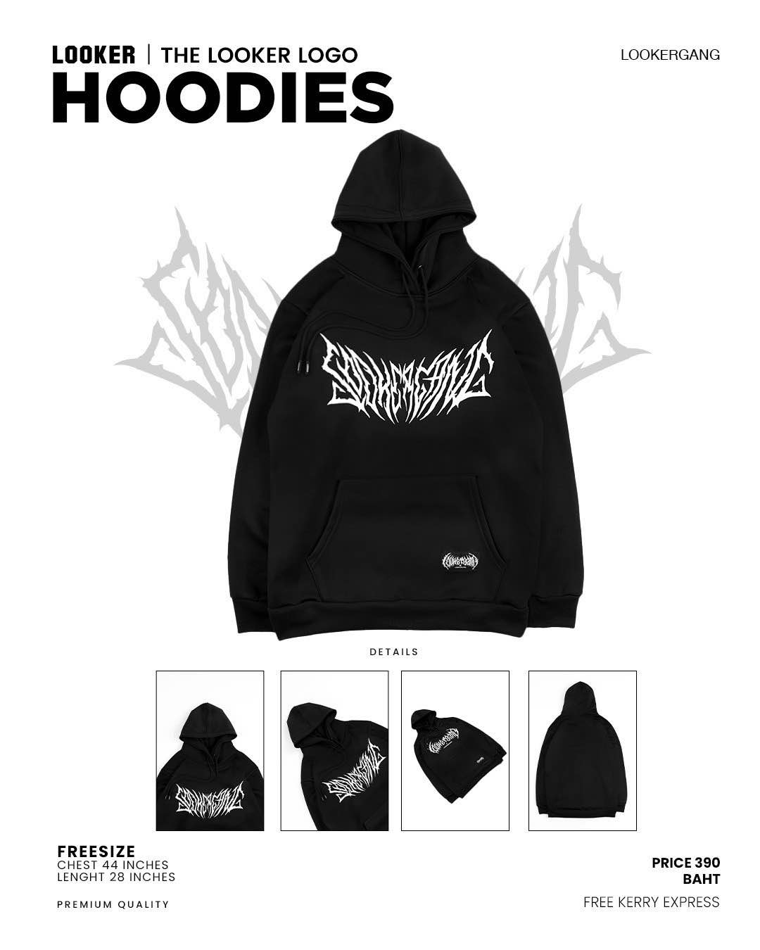 LOOKER - Hoodies เสื้อฮู้ดสีดำ เสื้อฮู้ดแขนยาว