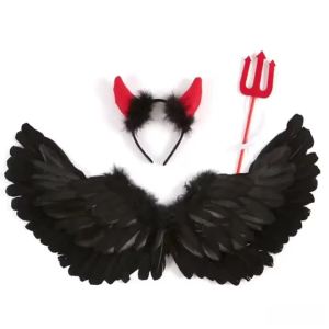 Devil Costume Accessories Set Black Feather Wings + Red Horn Headband + Trident Wand Halloween Cosplay Party Kit