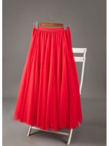 Elegant High Waist A-Line Skirt for Women in Red Polyester Mesh 720 Degree Flounce Dance Skirt Square Dance Midi Skirt