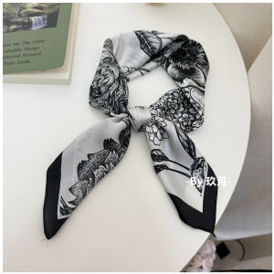 Khăn Choàng Lụa Nhỏ in Hoa Hoa Cúc Đen Trắng Cổ Điển Phong Cách Retro Cho Phụ Nữ Trẻ Thời Trang Mùa Đông Xuân Thu