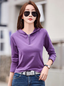 Womens Pure Cotton Long Sleeve Hoodie T-shirt Spring New Loose Short Fashion Top Base Hat Shirt Thin Sweatshirt