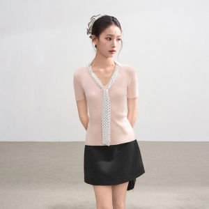 BAIDAIFEI | Pink Polka Dot Slim Fit V-Neck Illusion Two-Piece Knit T-Shirt