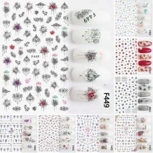 Sticker Dán Móng Tay Họa Tiết Hoa Văn Nghê Thuật Đen / Hoa Bi Nhỏ / Hoa Đỏ - Xanh / Hoa Lavender Oải Hương / Ngựa Hồng Pony/ Nails sticker Series F – F449