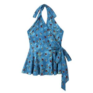 YUEZHONGWEI | French Style V-neck Blue Floral Strap Vest Women Summer Outdoor Wear Asymmetrical Waist Cinched Tunic Top Commute Style