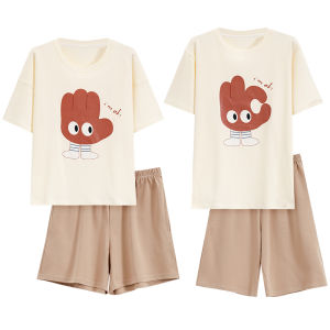 Miiow | Couples Summer Cotton Pajamas Short Sleeve Round Neck Home Wear Comfortable Breathable Mens Womens Matching Sleepwear