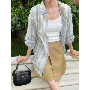 W. Shop เสื้อแฟชั่นผญๆ ลายทาง หลวม เสื้อแขนยาวกันแดด