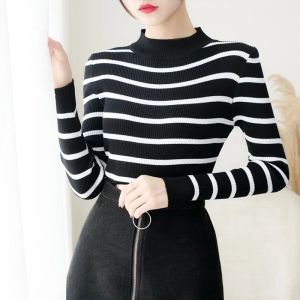 Long Paster Stripy/Rajut press body premium turtleneck strip