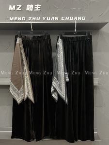 High-End Velvet Wide Leg Pants Womens Casual Style with Scarf High Waist Elastic Straight Cut Polyester Spandex Blend