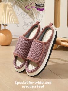 Heated Room Anti-Slip Large Foot Bone Wide Elderly Special Slippers Home Comfortable Cotton Linen Floor Slippers Rubber Foam Sole