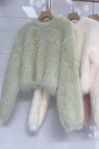 Slimming Pure Color Lazy Style Womens Short Coat Soft Plush Mink Sweater Commute round Neck Thickened Winter New Design