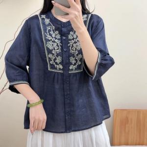 Lieoyuarn | Elegant Embroidery Single Button Slimming Cotton Linen Shirt 5/8 Sleeve