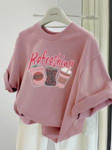 Áo Thun Cotton Tay Ngắn Màu Hồng Mùa Hè Cho Nữ Dáng Rộng Thoải Mái Thiết Kế Vai Áo Thun Tay Lửng Thời Trang Mới