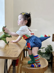 Children Dinosaur Tail Denim Bulky Underpants Boys and Girls Cartoon Short Sleeve T-shirt Triangle Shorts Super Cute 2-Piece Suit Fashion