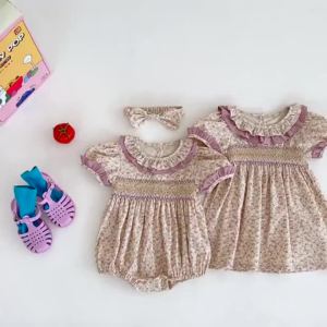 1-6Yrs Casual Summer Kids Girls Dress Floral Kids Clothes Ruffled Collar Purple Baby Girl Princess Dress New Flower Girl Dresses