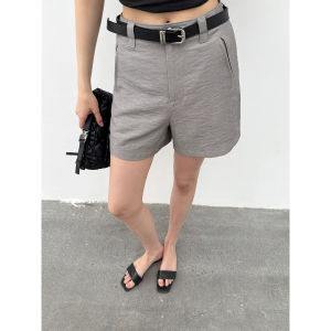 กางเกงขาสั้นผู้หญิงทรงหลวมสไตล์ลำลองแบบสวมหัว ZHOUMIAO ทรงสูทมีเข็มขัด ผ้าฮันมา เอวสูง ทรงตรง ผลิตจากโพลีเอสเตอร์และลินิน