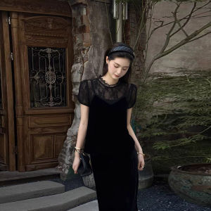 Elegant French Style Silk Velvet Dress Womens Summer New Heavy Splicing Long Skirt Cool Feeling High Waist A-Line Dress