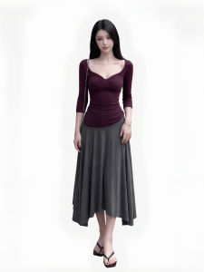 qiaocong | French Style Flirty V-Neck Ruffled Three-Quarter Sleeve Top Slimming Midi Skirt Set