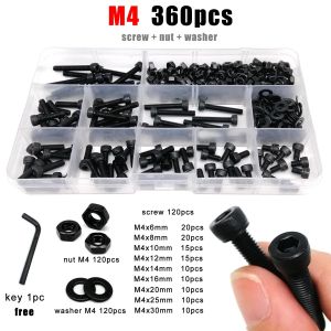 150/240/360pcs M4 M5 M6 Hex Hexagon Socket Allen Cap Head Screw Bolt Nut Washer Assortment Kit Set DIN912 Black Grade 12.9 Steel