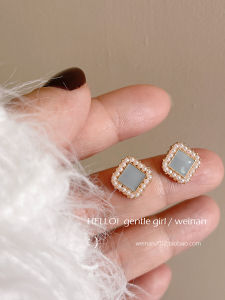 Delicate Blue Square Geometric Pearl Ear Cuff Small Fashionable Earrings for Girls Decorative Alloy Jewelry Square Shape