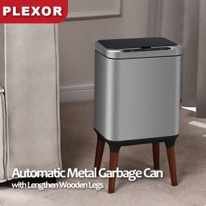 Plexor 9L/13L Automatic Metal Garbage Can with Lid Brushed Stainless Steel Motion Sensor Trash Can with Lengthen Wooden Legs Kitchen High Foot Dustbin for Bedroom Wastebasket Dog Proof Trash Bin for Bathroom Bedroom（White/Black）