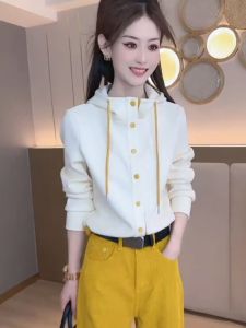 Womens Long Sleeve Hoodie Short Style Spring Autumn 2025 New Color Block Single Button Cardigan Jacket Small Size Top