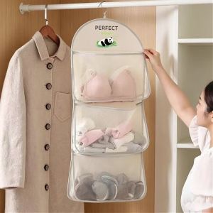 3-Tier Hanging Mesh Storage Bag / Wall-Mounted Underwear Socks Bra Organizer Bag / Dormitory Home Space-Saving Wardrobe Mesh Bag