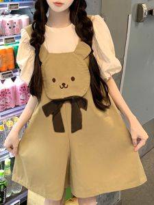 Cute Bear Plaid Overalls Skirt Set High Waist Short Sleeve Doll Collar Top Bottoms Two-Piece Sweet Style Summer Cotton Dress