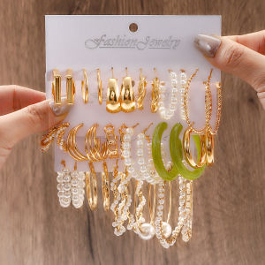 Elegant Imitation Pearl Big Hoop Earrings Fashion Geometric Thick Block Earring Set Womens Vintage Summer Party Jewelry