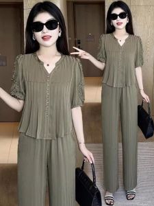 Fashionable Ice Silk Casual Sportswear Set Womens Summer 2026 Slimming Wide Leg Pants Two Piece Set Polyester Fiber Short Sleeve V Neck