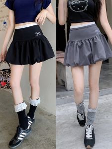 Summer 2024 High Waist Puffy Flower Bud Slimming Short Half Skirt Casual Girls Mini Skirt Polyester Fiber A-Line Pure Color