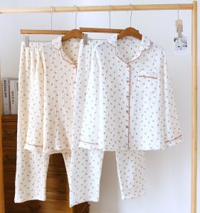 Spring Summer Thin Cotton Yarn Sleepwear Women Long Sleeve Home Clothes Gauze Pleated Lightweight Floral Country Fresh