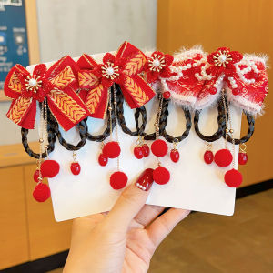 Red Ball Rabbit Ear Hair Accessories for Girls Traditional Chinese Hanfu New Year Celebration Hair Clips Baby Hair Decorations