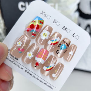 Summer White Enhancing Rainbow Cherry Handmade Nail Cat Eye Elegant Nail Stickers Medium Long Fake Nails Wearable Nail Tips