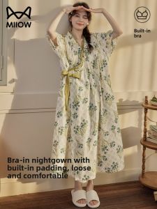 Miiow | Cat Woman Summer Floral Print Sleepwear With Chest Pad Womens Style 2025 Country Fresh Anti-Aging Home Clothes V-neck Long Sleeve
