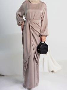 Silky Two-Piece Ramadan Eid Djellaba Set Glossy Islamic Suits Muslim Dress Abaya Robe Dubai Fashion for Women WY1294f