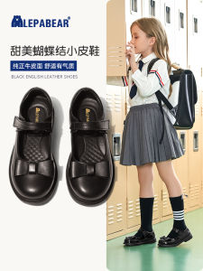 Girls Leather Shoes Spring & Fall Primary School Student Black Leather Kids Soft Bottom Girl Campus British Performance Bow Tie Shoes