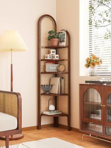 Chinese Style Retro Solid Wood Rattan Corner Cabinet Storage Rack Living Room Sofa Wall Bookcase Triangle Drop Storage Cabinet Screen