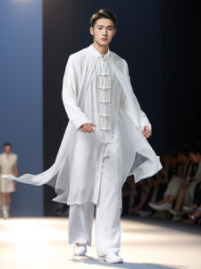 Fairy Bone Mens Clothing Ancient Style Han Chinese Clothing Fairy Fake Two-Piece Robe Buddha Zen Plain Clothes White Suit Robe Summer